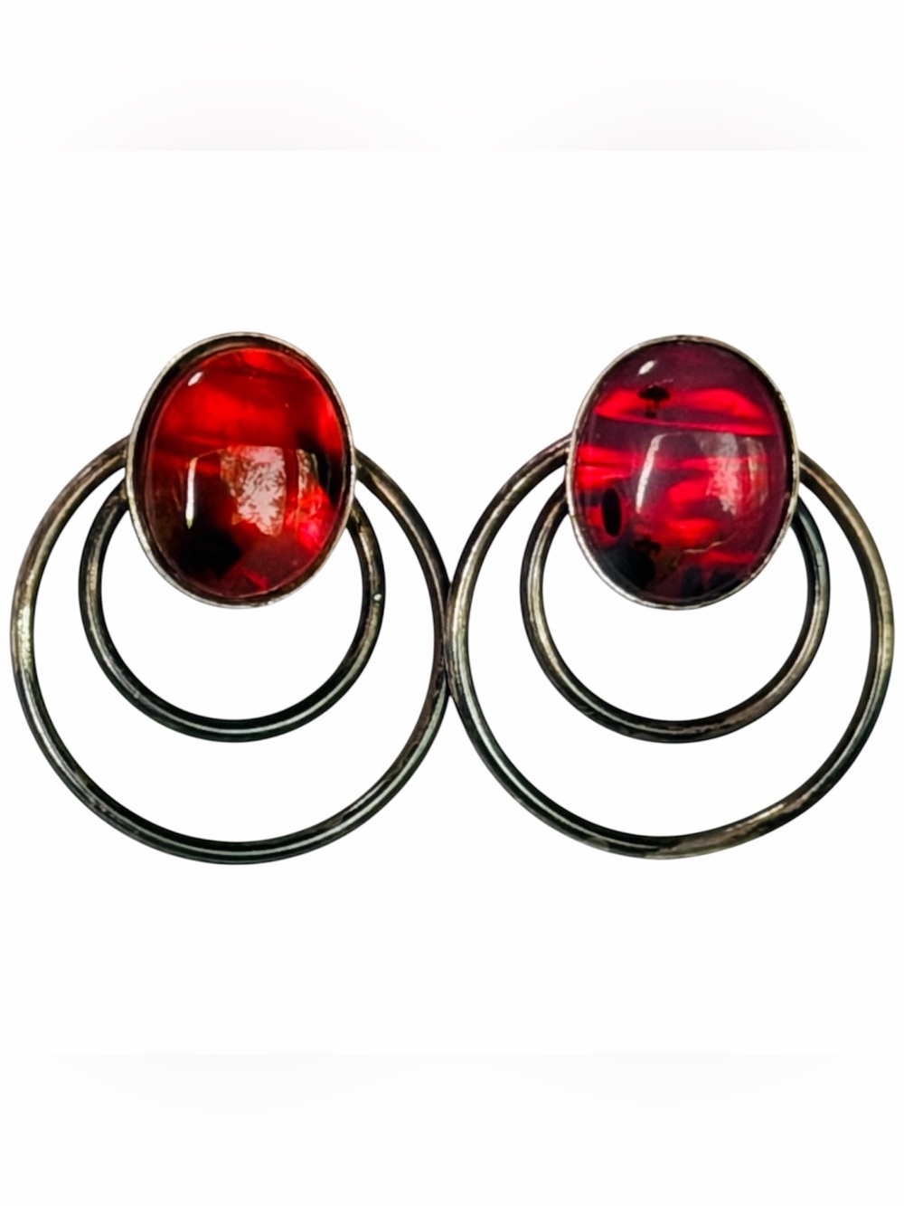 VTG Fire-Agate &Sterling Silver Earrings Hot Pink Stones Bohemian Southwestern